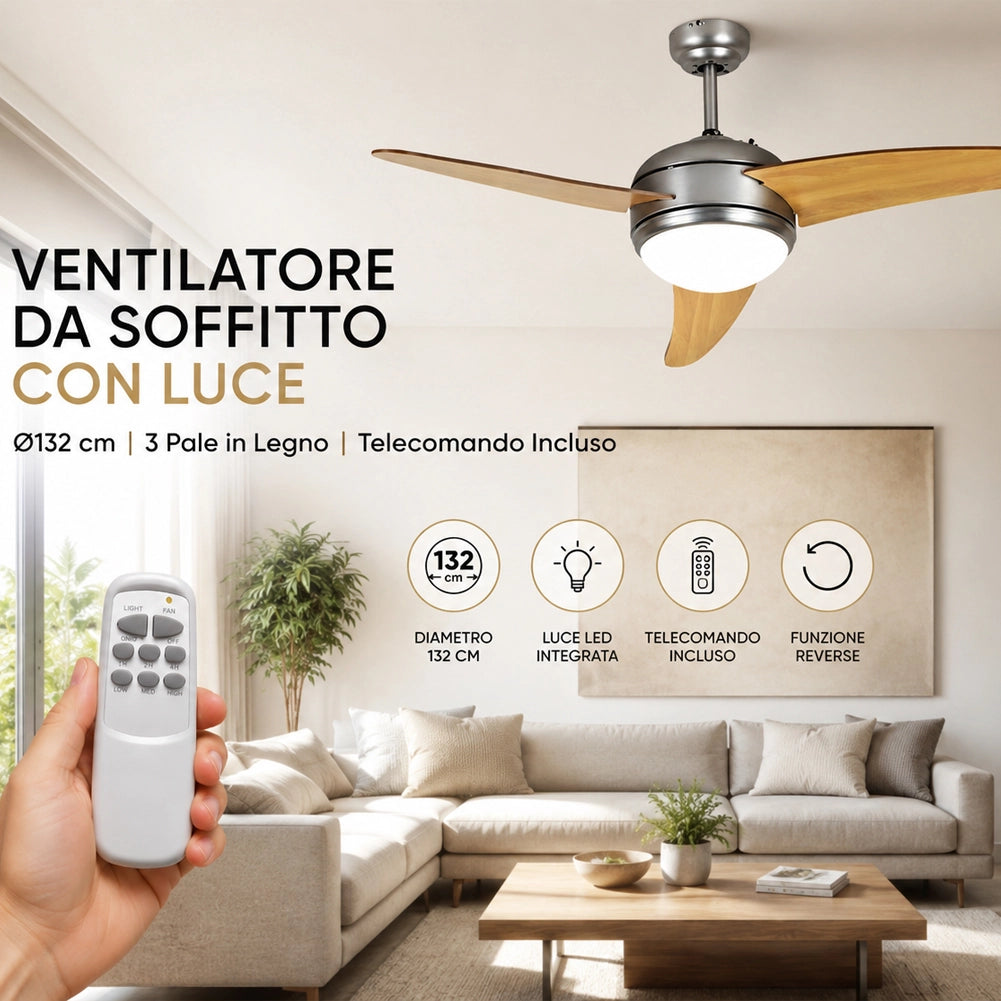 Ventilatore A Soffitto Con 3 Pale In Legno 3 Velocita Con Luce e Telecomando DCG