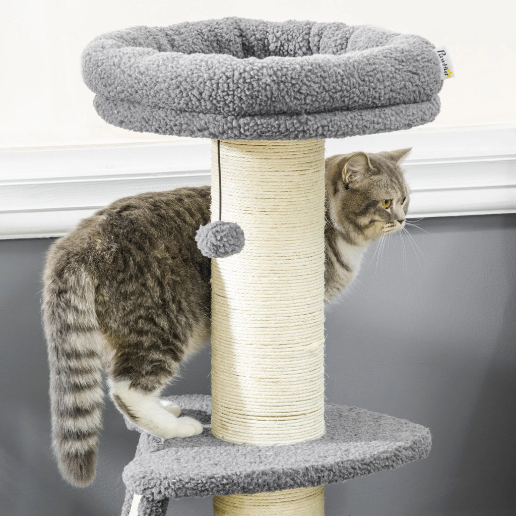 Tiragraffi per gatti con piattaforma, palline sospese e rivestimento morbido per gioco e riposo