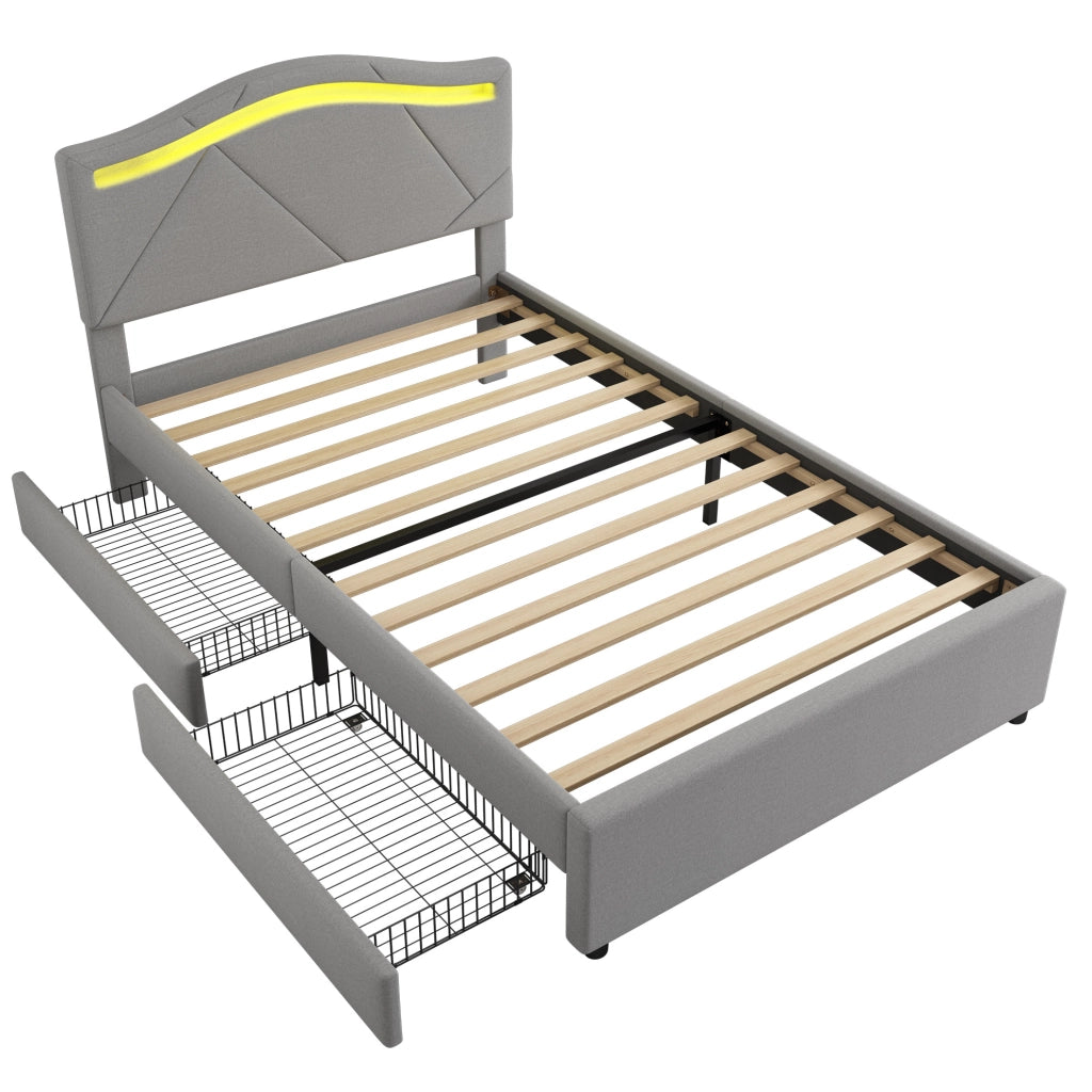 Letto imbottito 90x200 cm con LED; cassetti e testiera regolabile in lino grigio
