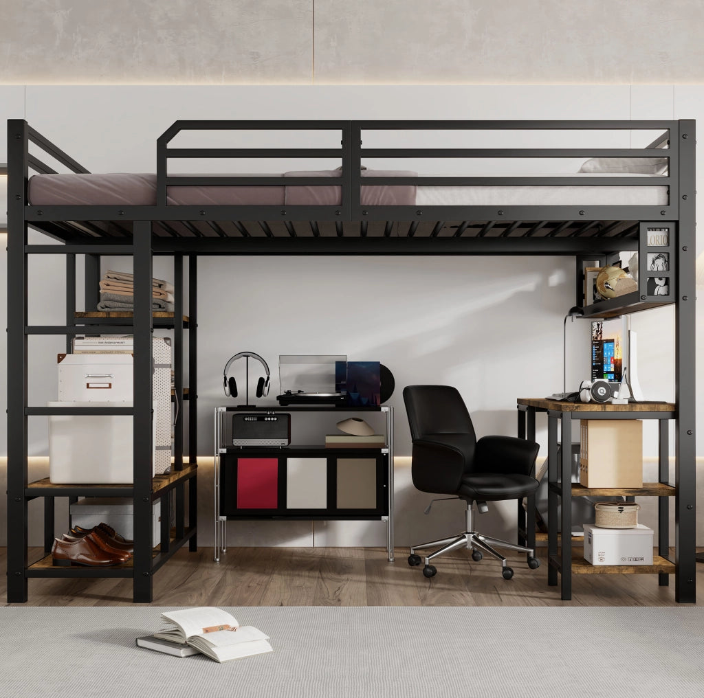 Letto a soppalco 120x200 cm con scrivania e ripiano; struttura in metallo e legno; nero e noce scuro