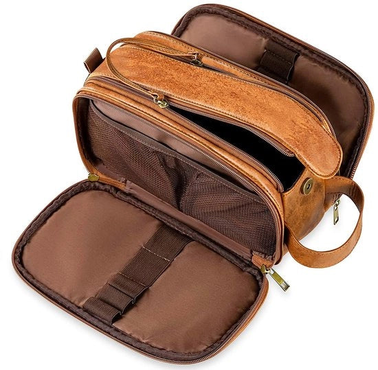 Toilet per uomini - In pelle PU - Grande toilette acqua resistente per viaggio - Contenitore per trucchi - Con compartimenti separati per oggetti asciutti e bagnati