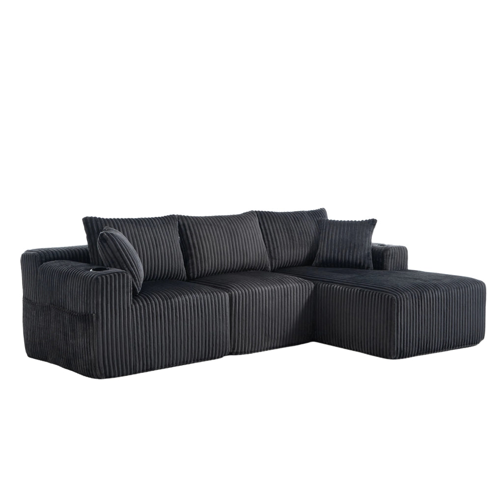 Divano modulare 257x160x62 cm con chaise longue; tasche laterali; portabicchieri e 5 cuscini; in corduroy grigio