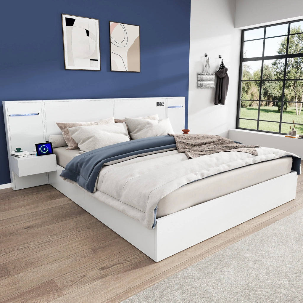 Letto 160x200 cm con Bluetooth; USB-A e USB-C; orologio elettronico e luce colorata; MDF bianco