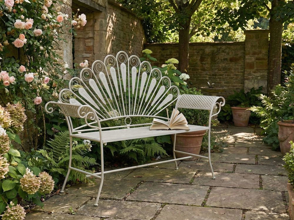 Panca da giardino per esterni in metallo bianco sporco alluminio 2 posti braccioli stile vintage