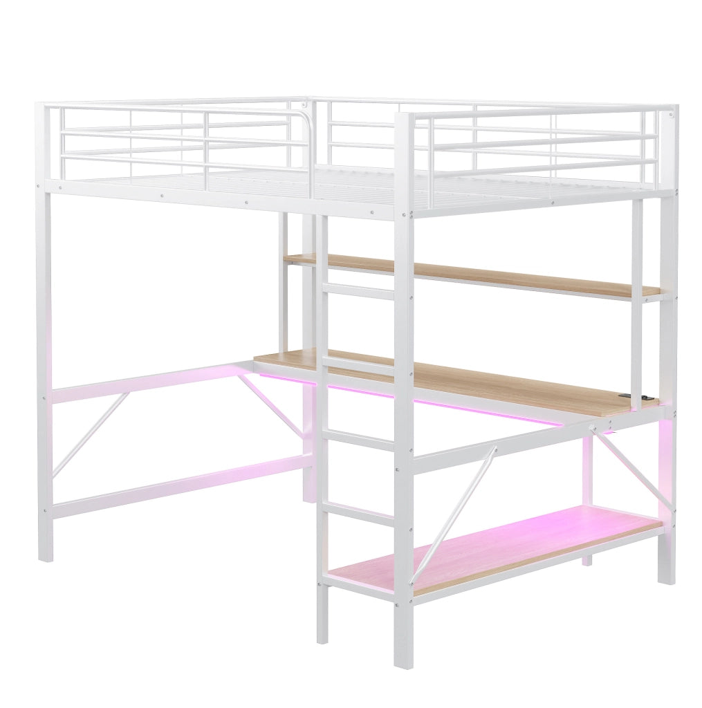 Letto a soppalco 140x200 cm con LED; scala e scrivania in metallo e MDF bianco