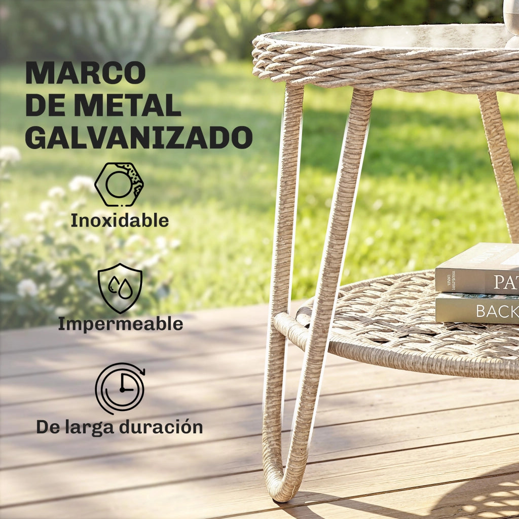 Tavolino da giardino in rattan con ripiano e piano in vetro temperato ¨C zephmum ¨C 65x65x50 cm giallo