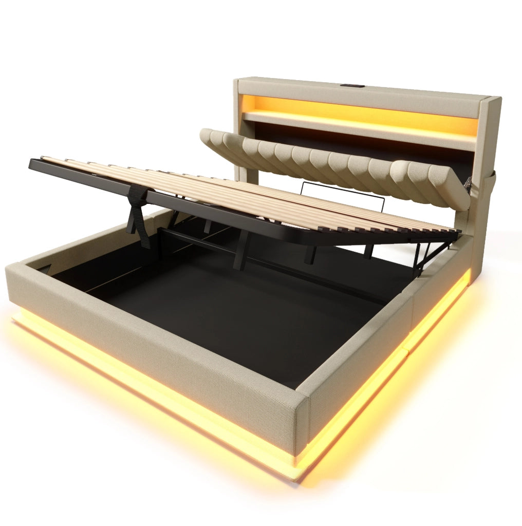 Letto matrimoniale 180x200 cm in lino beige con LED; testiera con USB e vano contenitore