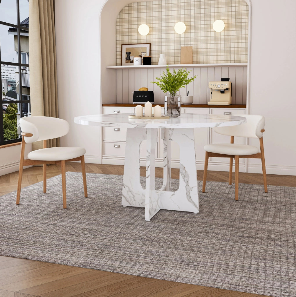 Tavolo rotondo da pranzo 120 cm in MDF bianco effetto marmo; altezza 76 cm