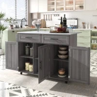 Carrello da Cucina Multifunzione con Tavolo Ribaltabile, Ripiani Interni e 5 Ruote, 2 Cassetti e Mobiletto Salvaspazio, 129x71x91,5 cm, Grigio
