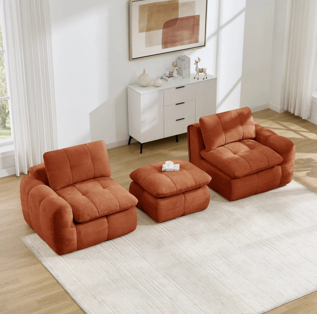 Divano modulare angolare 2 posti con pouf 194x160x68 cm in chenille arancione