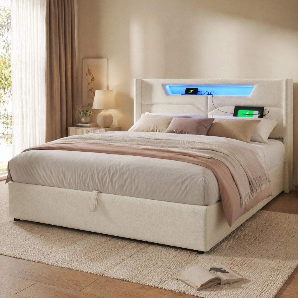 Letto matrimoniale contenitore 160x200 cm con LED, USB e Type-C in tessuto di lino beige