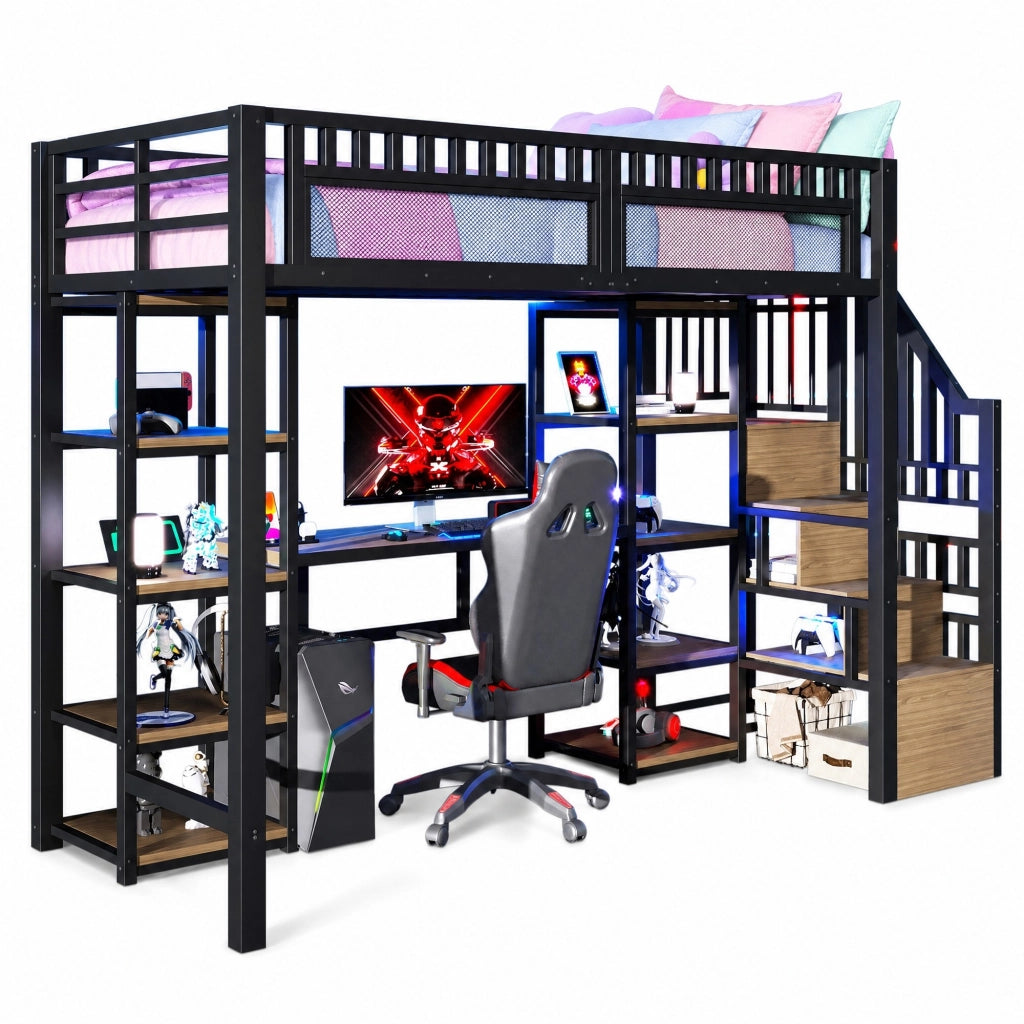 Letto a soppalco 90x200 cm con scrivania LED e USB nero