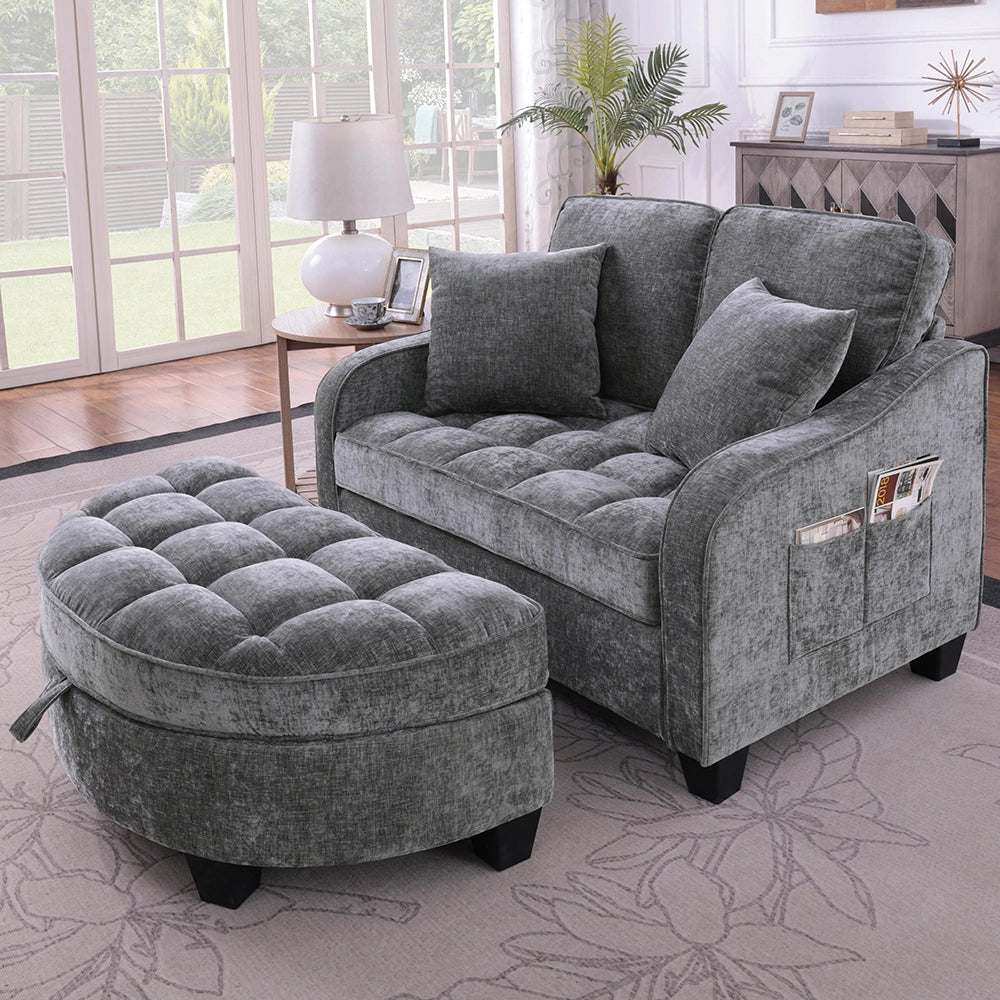 Divano multifunzione 2 in 1 - Xylo - Con pouf, legno eucalipto, grigio scuro