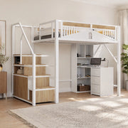 Letto a soppalco 140x200 cm bianco metallo e legno con scala contenitore