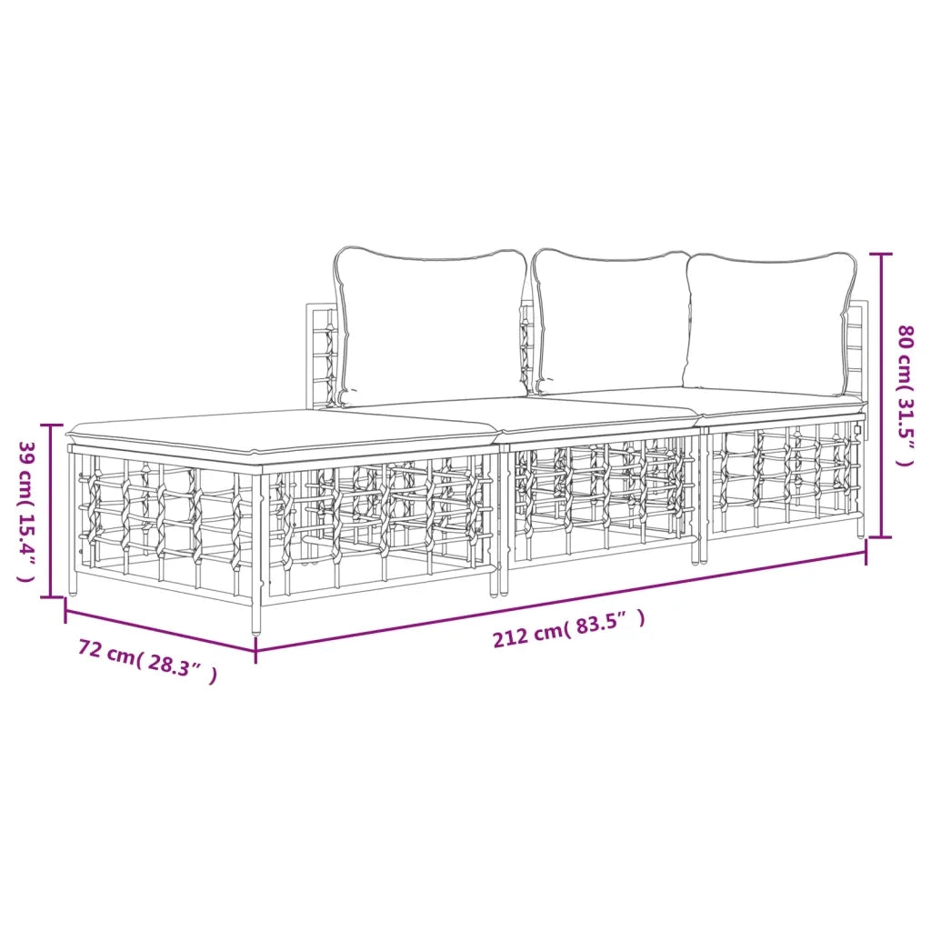 Set Divani da Giardino 3 pz | Set Salotto da Giardino con Cuscini Antracite in Polyrattan