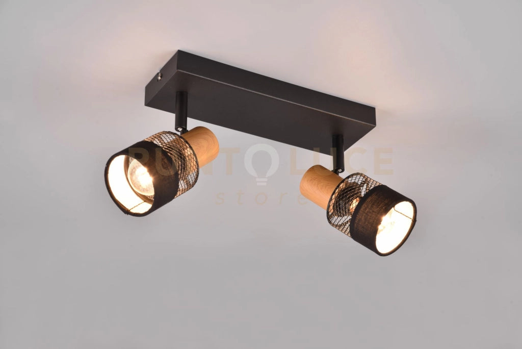NANDINI BARRA 2 SPOTS ORIENTABILI METALLO CON DIFFUSORE CON PARALUME E LEGNO L. 39CM ATTACCO E14