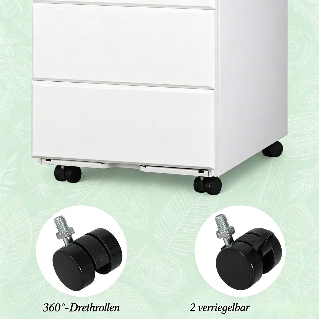 Cassettiera con ruote con 3 cassetti, serratura centrale e 4 rotelle, per ufficio e studio, bianco, 52,4 × 54 × 39 cm