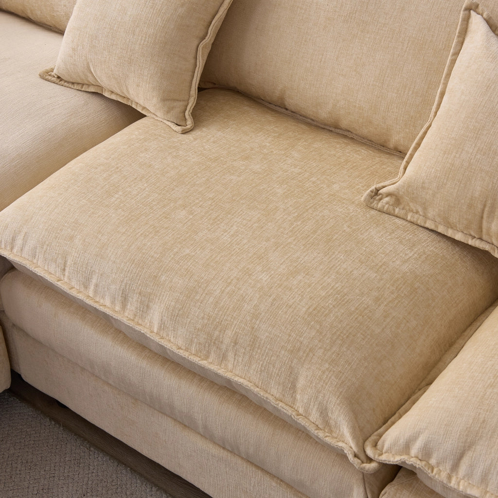 Divano angolare 3 posti con chaise longue e pouf modulare in chenille caffè chiaro