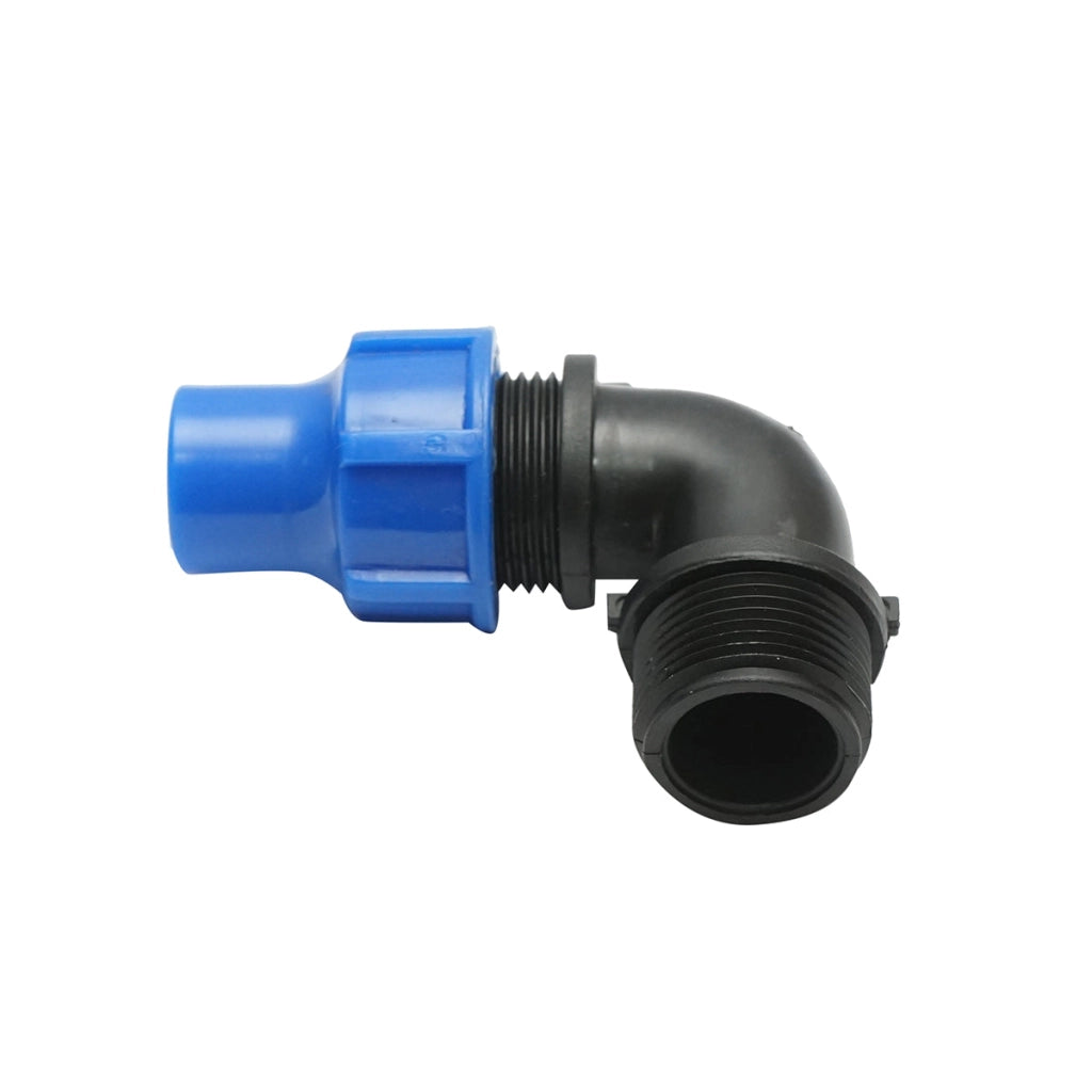 Gomito di raccordo a compressione con filettatura esterna D16mmx3/4 per sistemi di irrigazione