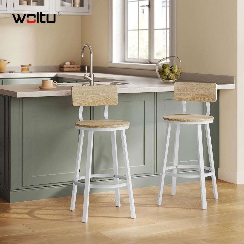 Sgabelli Cucina Set di 4, Sgabelli da Bar per Colazione, con Poggiapiedi e Schienale, Struttura in Metallo, Effetto Legno Chiaro