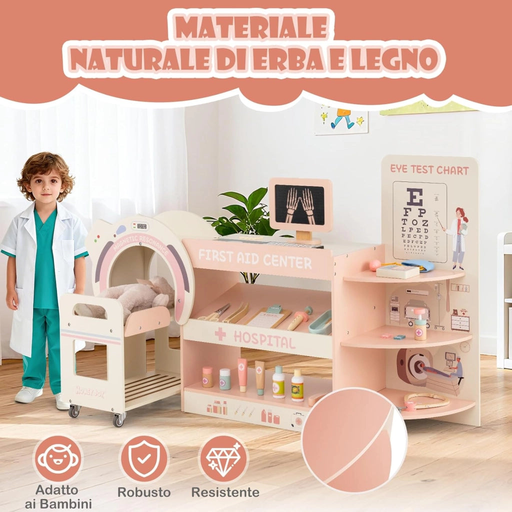 Set Gioco Dottore per Bambini, Medico Giocattolo in Legno con Tabella Oculistica, Macchinario CT e Radiografie, Gioco di Ruolo Medico Educativo con Accessori per Bambini 3+ Anni (Rosa)