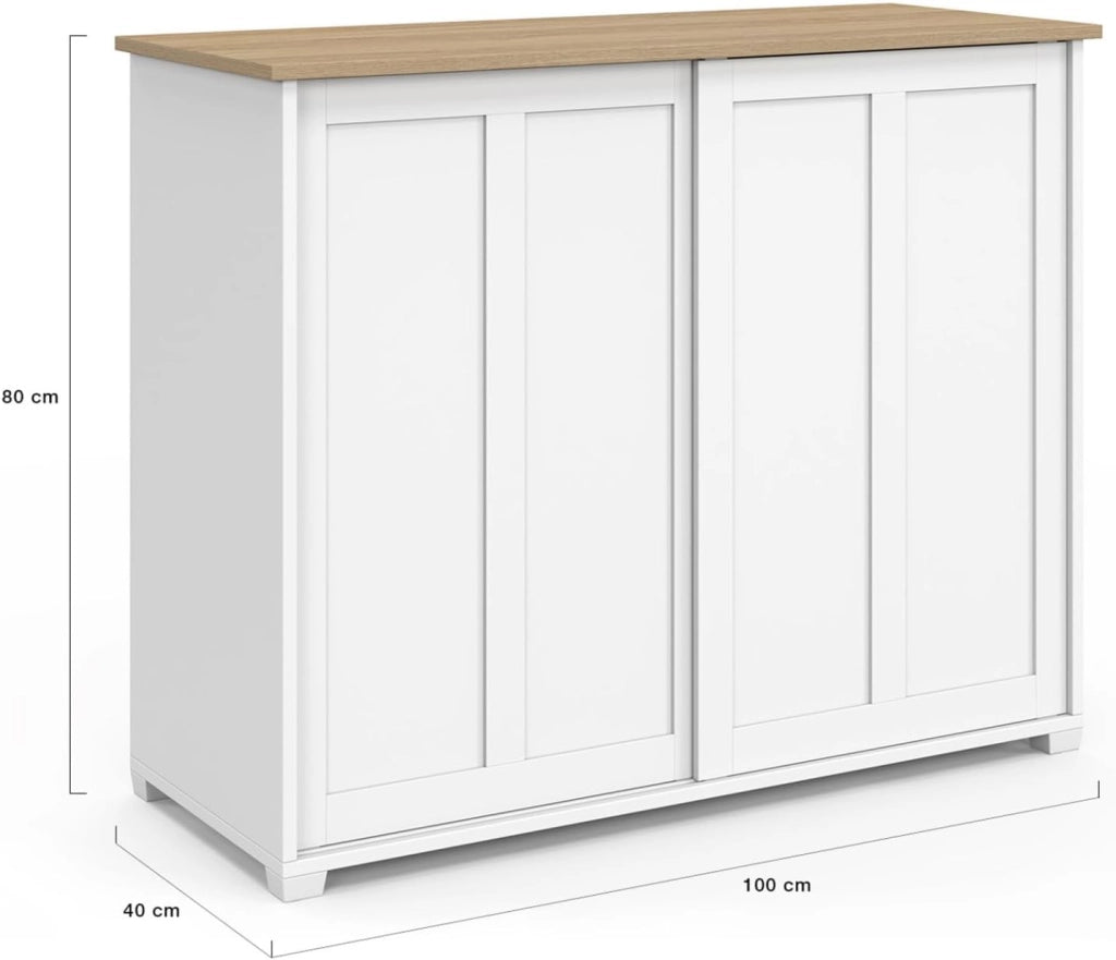 Credenza JANGO 100 cm con 2 ante scorrevoli bianche e piano in legno