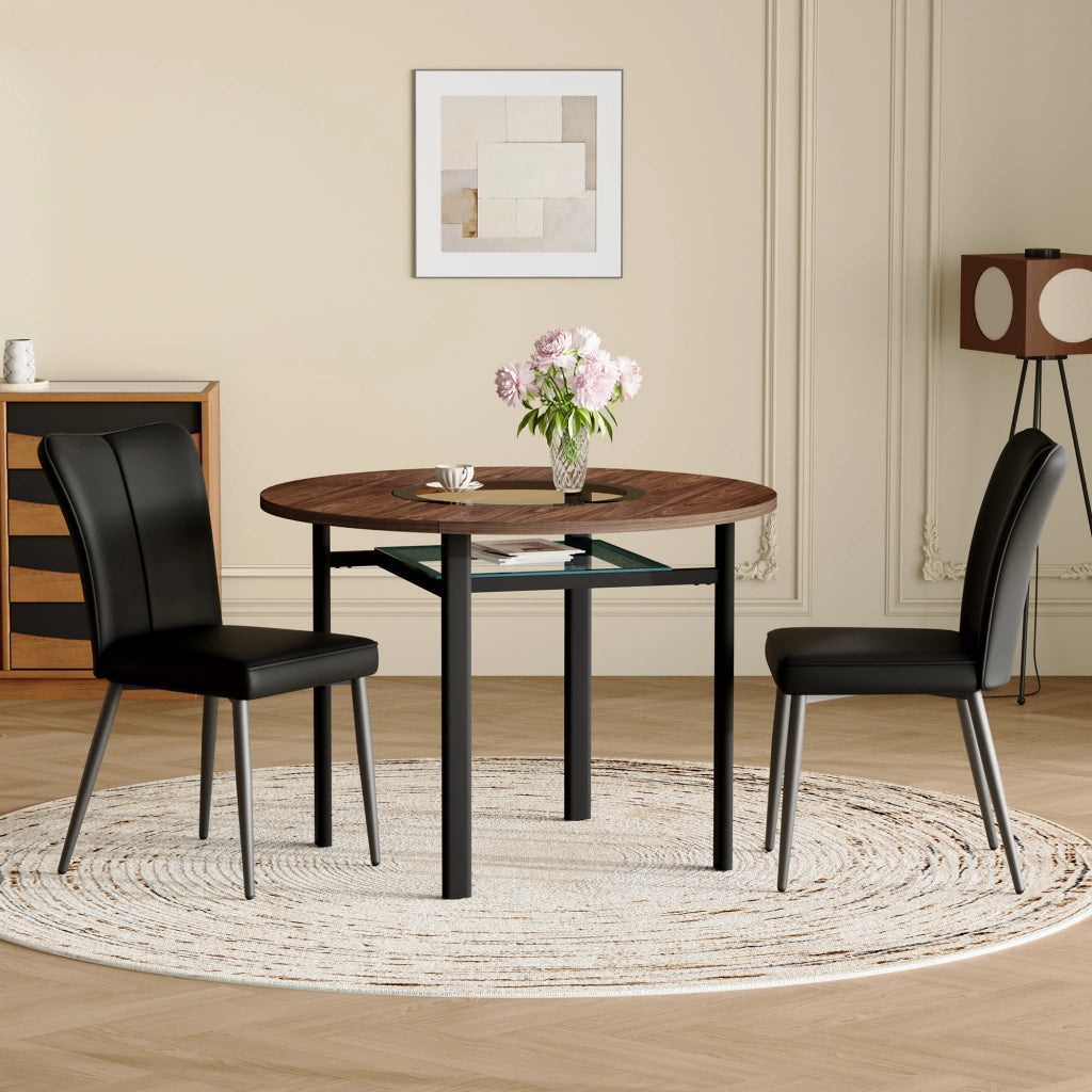Tavolo da pranzo rotondo con 2 sedie, piano in mdf con inserto in vetro, per cucina e soggiorno, marrone e nero, diametro 100 cm