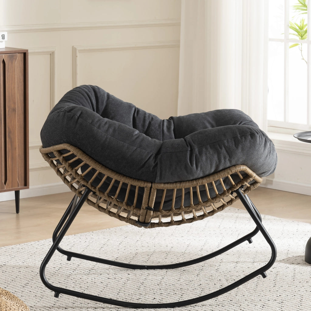Poltrona a dondolo papasan in ciniglia con struttura ergonomica e funzione relax per soggiorno, camera da letto e terrazzo, nero