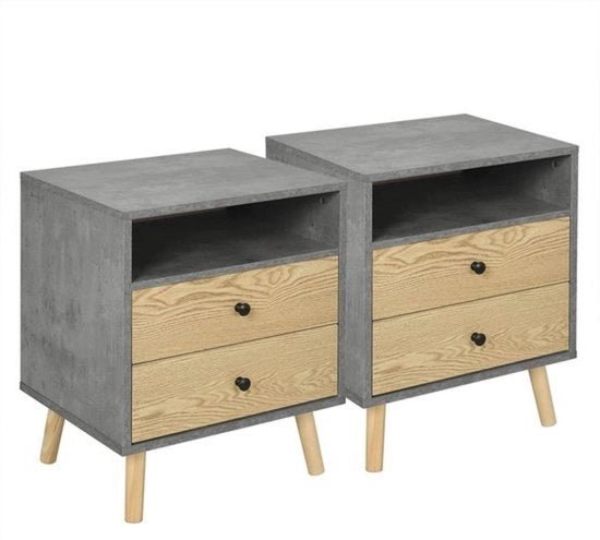 Set di 2 comodini - compatto e robusto - grigio con legno chiaro - funzionale e stile - ideale per la camera da letto - 45x40x56 cm