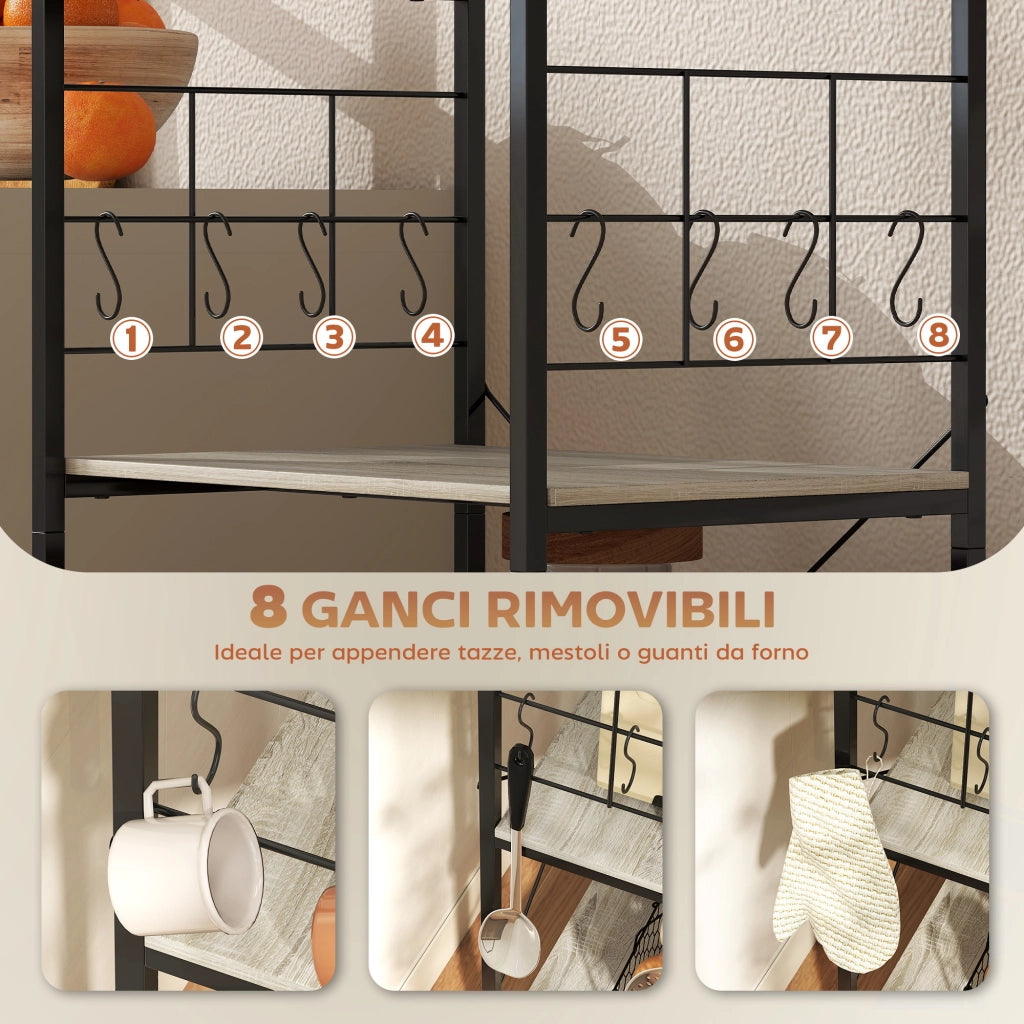 Scaffale Cucina a 4 Livelli in Stile Industriale 60x42x134,5 cm Struttura in Metallo Rovere