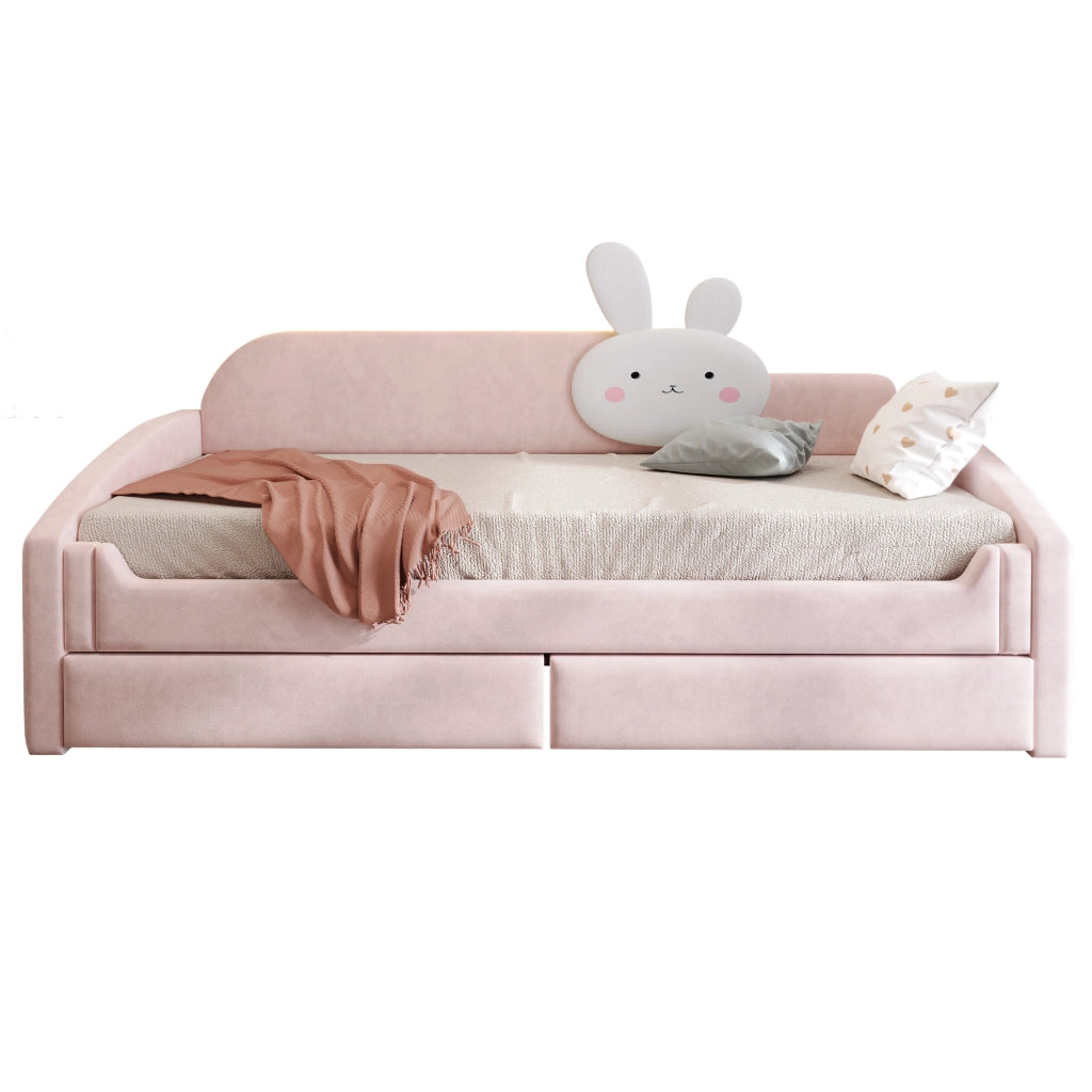 DESMIU Letto per bambini 90 × 200 cm con 2 cassetti, LED e cuscino coniglio, senza materasso, in velluto, rosa