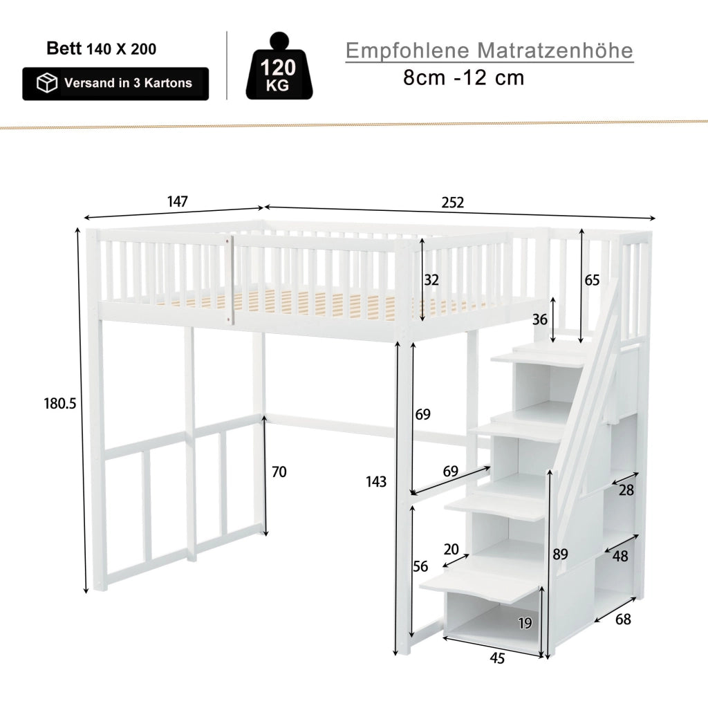 Letto a soppalco 140x200 cm bianco con scala contenitore