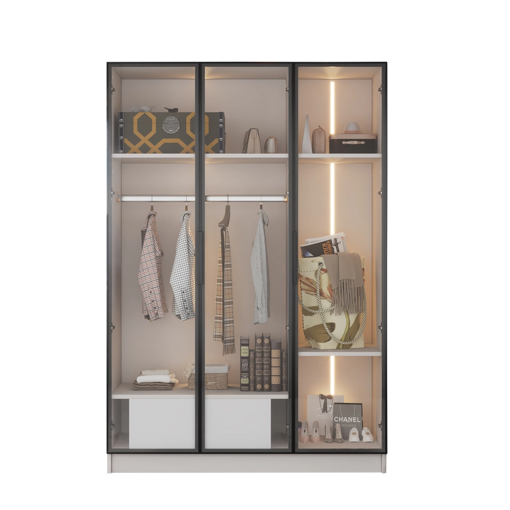 Armadio con Ante in Vetro Scorrevoli e Cassetto con LED ¨C MINIMAL ¨C Bianco, 110x50x160