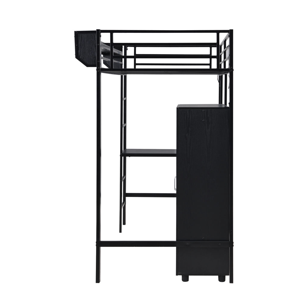 Letto a Soppalco 90x200 cm - Scrivania; Armadio; Ripiani e Scala a 5 Gradini - Nero