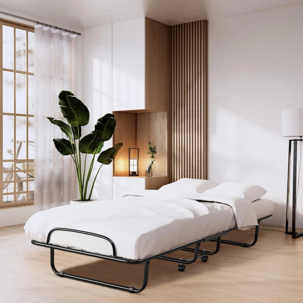 Letto Singolo Pieghevole, Portata di 120 kg, Letto Pieghevole con Materasso e 4 Ruote, 4 Gambe in Mettallo, Fibbia Fissata, 80 x 190 cm, Materasso di 10 cm, Ideale per Viaggio e di Riserva