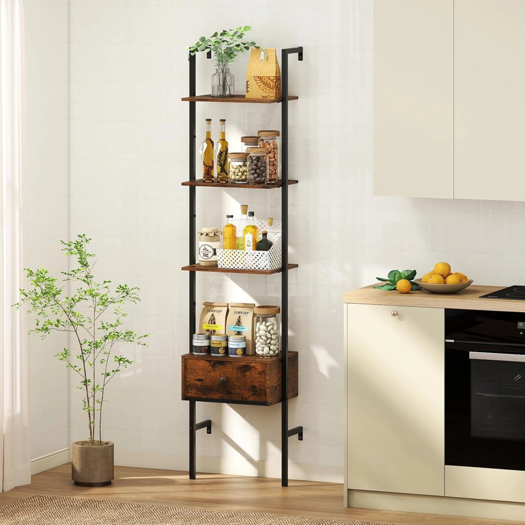 Scaffalatura Rustica a 4 Ripiani, 43 x 29,5 x 177,5 cm, con Telaio in Metallo, Sistema Anti-Ribaltamento e Cassetti, per Soggiorno e Ufficio, Marrone