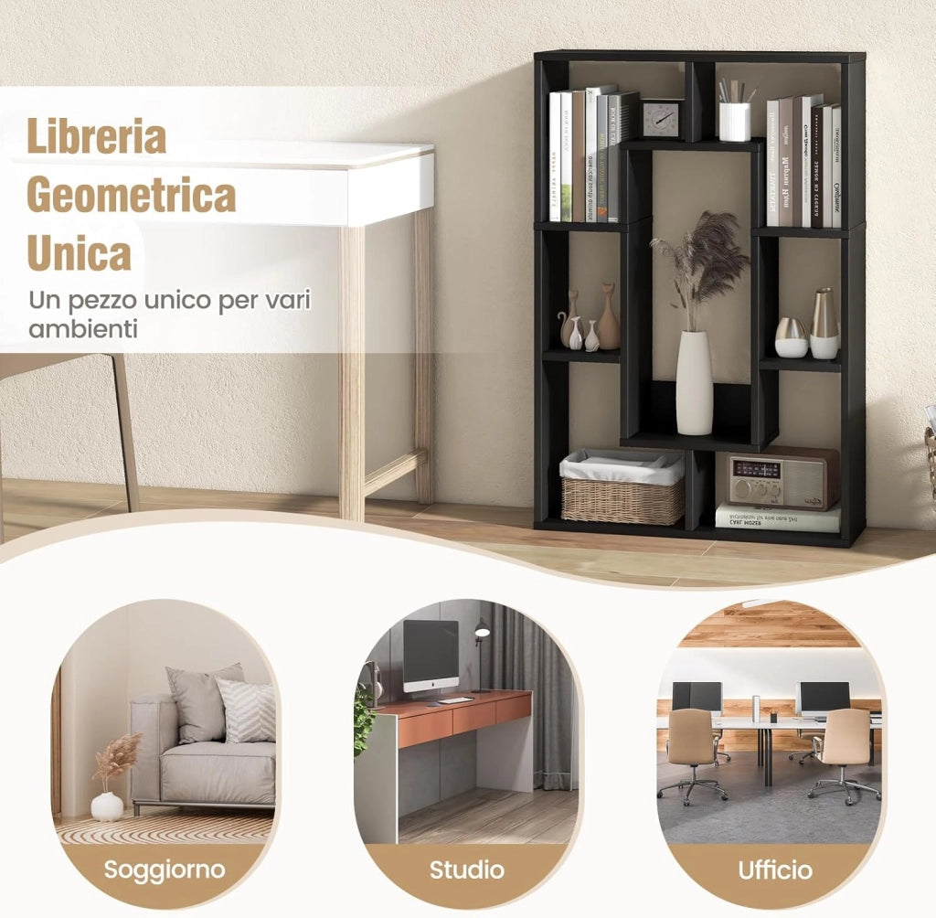Libreria in Legno, Scaffale Aperto Geometrica a 7 Cubi, Scaffale da Esposizione con Dispositivo Anti-Ribaltamento, per Ufficio Soggiorno Camera da Letto, 60x20x90 cm (Nero)