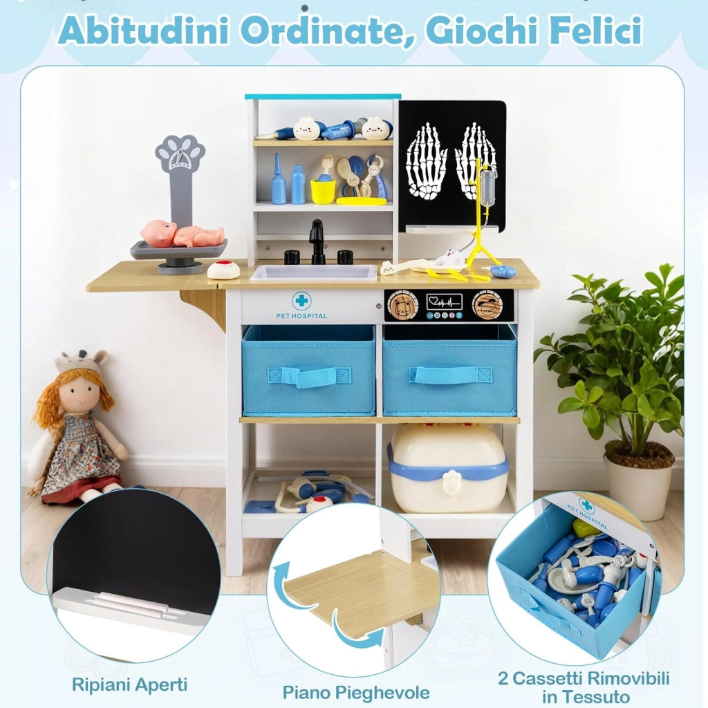 Kit Medico Giocattolo in Legno, Centro Veterinario Pieghevole con Bilancia Animali e 22 Accessori, Gioco Educativo Simulazione Dottore, Regalo per Bambini 3-6 Anni (Bianco)