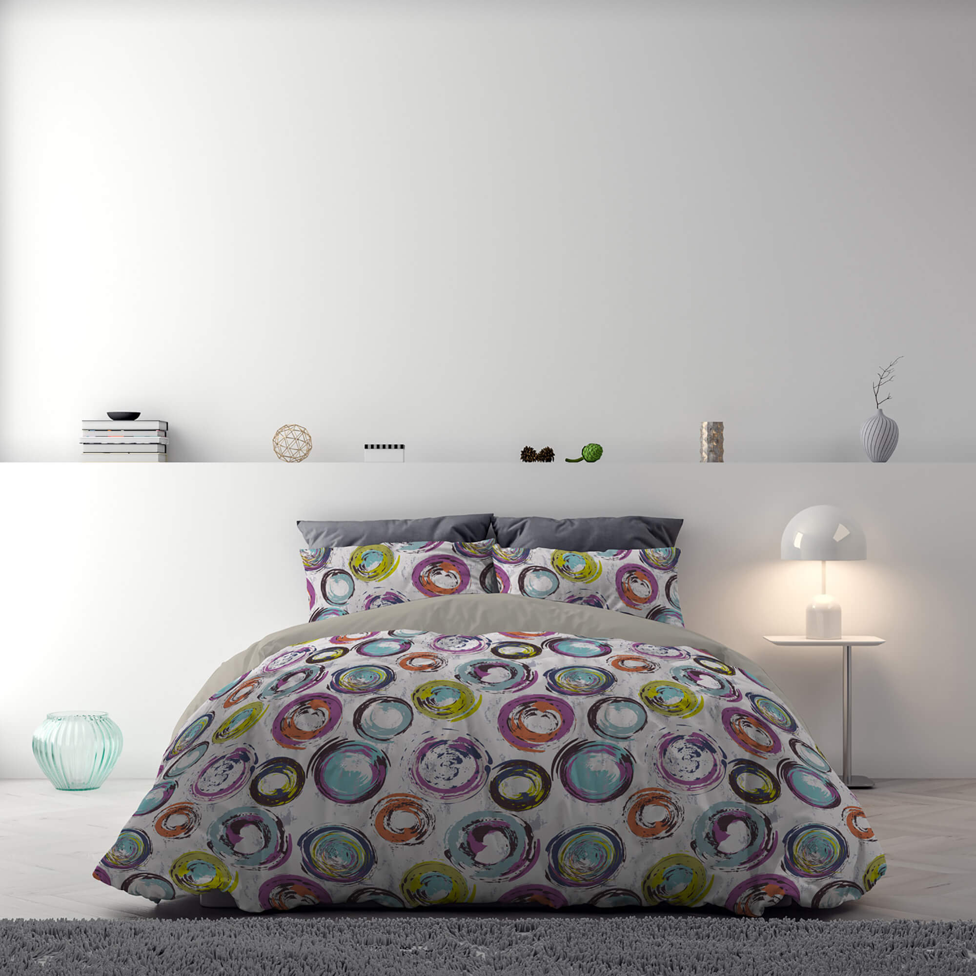 Copripiumino 1 Piazza e Mezzo con Stampa sul Sacco e Federe Doubleface Cerchi Astratti