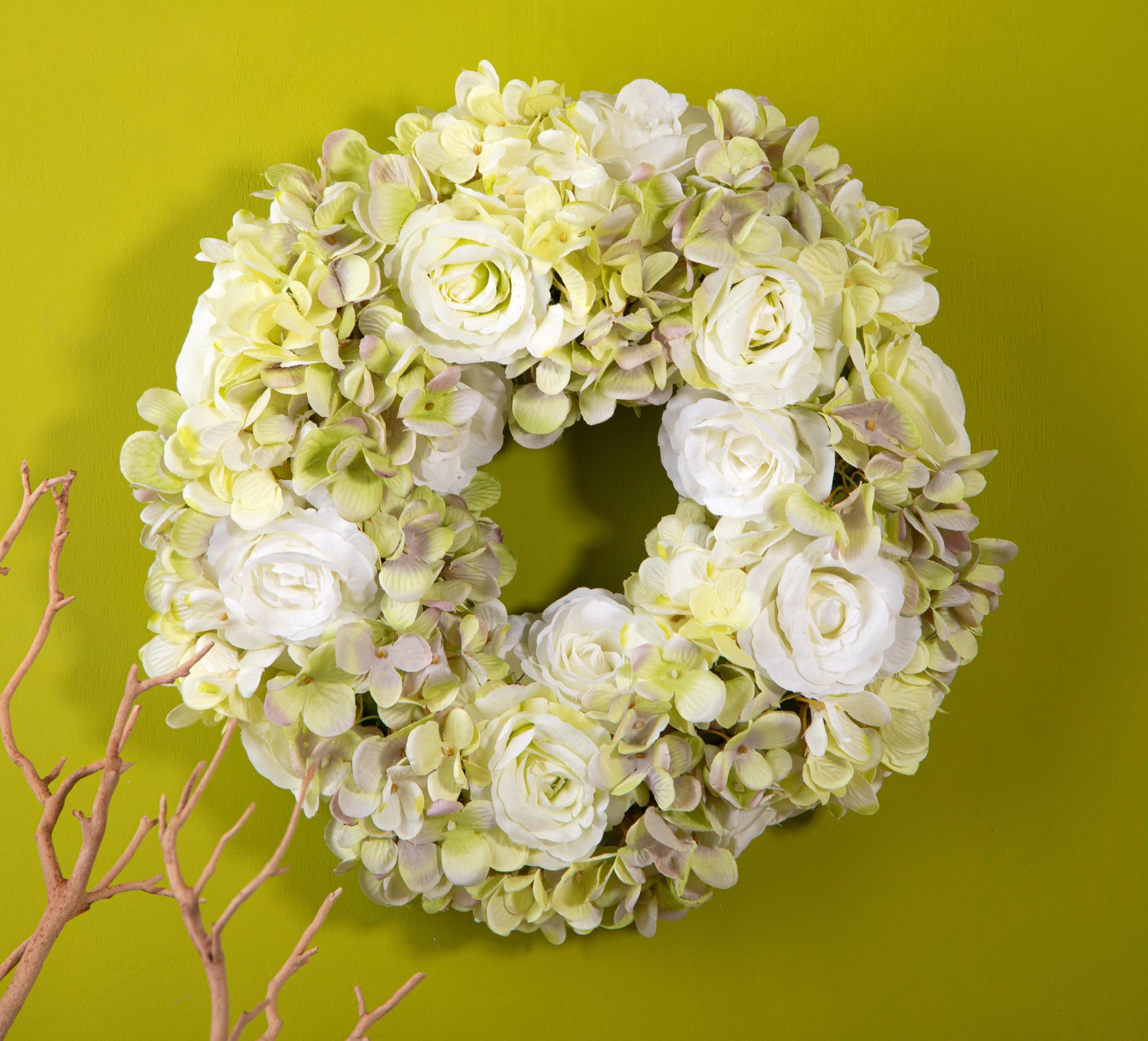 Corona Artificiale con Fiori di Rose e Ortensie