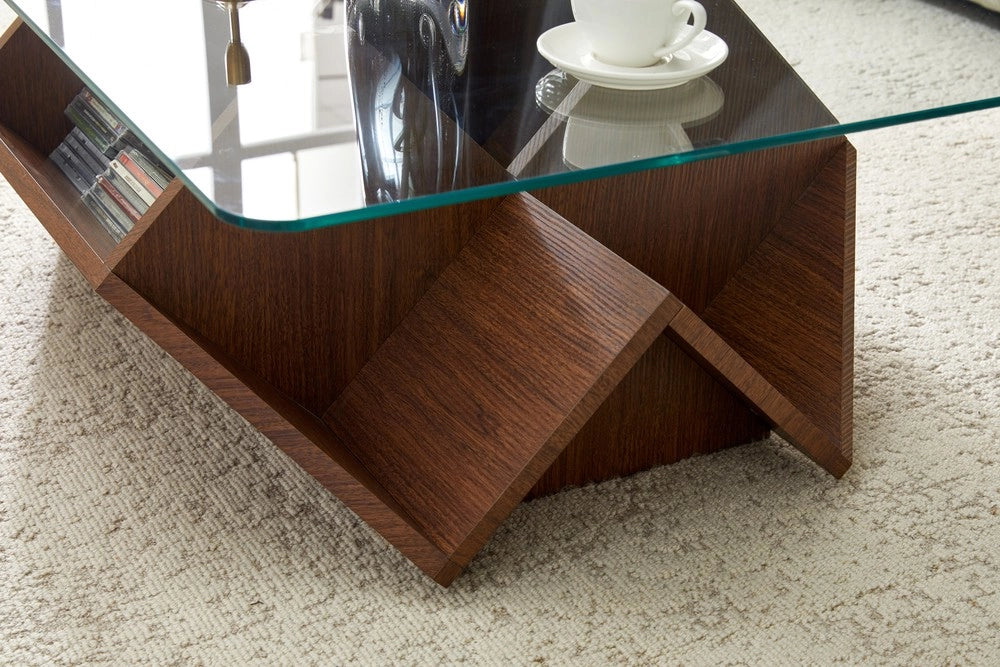 Tavolino da Caff¨¨ con Ripiani ¨C MINIMAL ¨C Vetro Temperato, MDF, Effetto Noce, Moderno