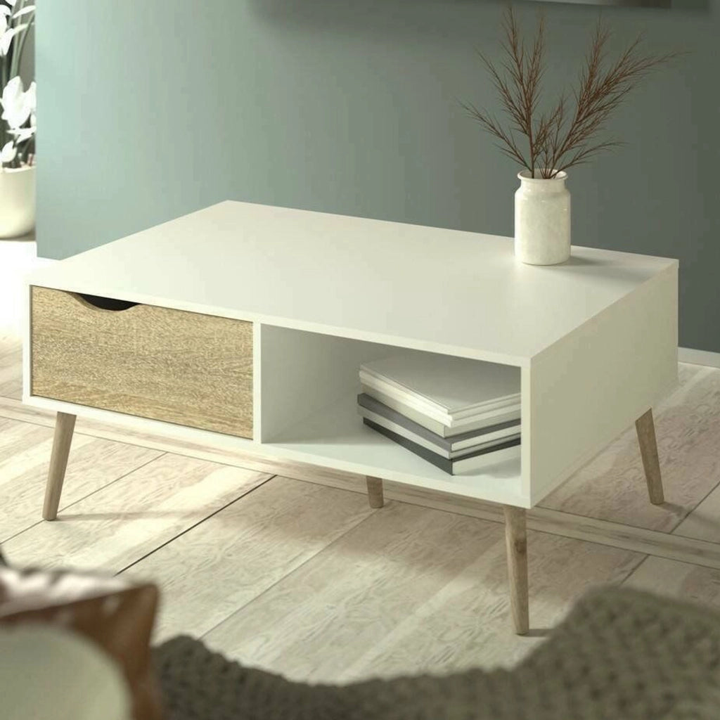 Tavolino da salotto Sfene, Tavolo basso da caffè, Portariviste per divano, Ripiano da soggiorno, 99x60 h43 cm, Bianco e Quercia
