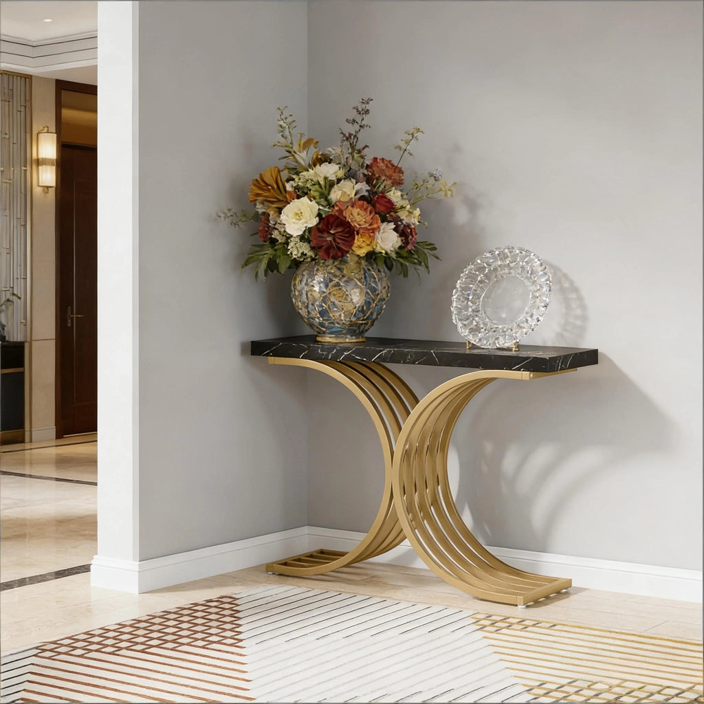 Consolle elegante in marmo e metallo con piano rettangolare per ingresso e soggiorno nero e oro 100 × 30 × 80 cm
