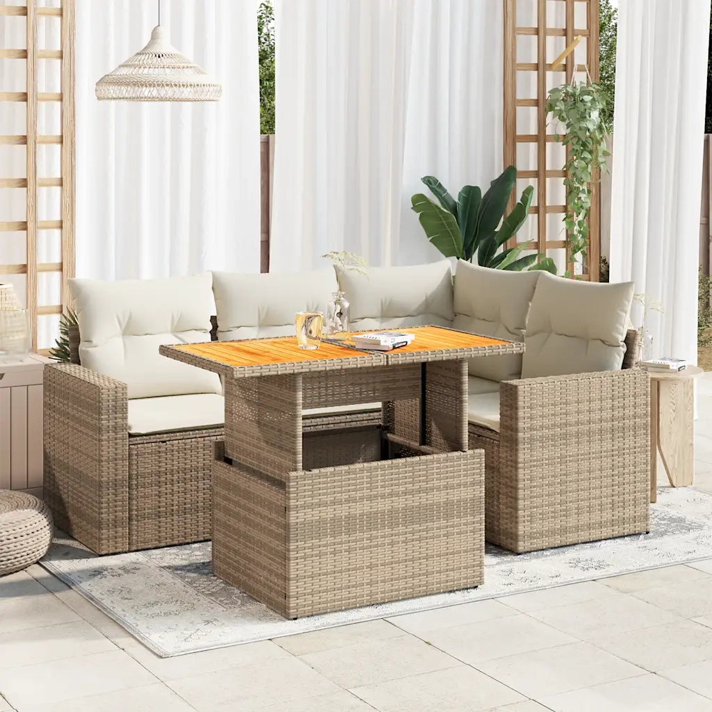Set Divano da Giardino 5 pz con Cuscini Beige in Polyrattan