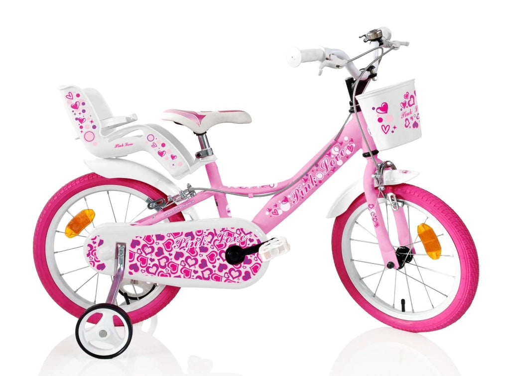 SCH PINK LOVE 16", bicicletta per bambini, adatta tra i 5 e i 7 anni, per altezza tra 105 e 135 cm, con cestino, campane