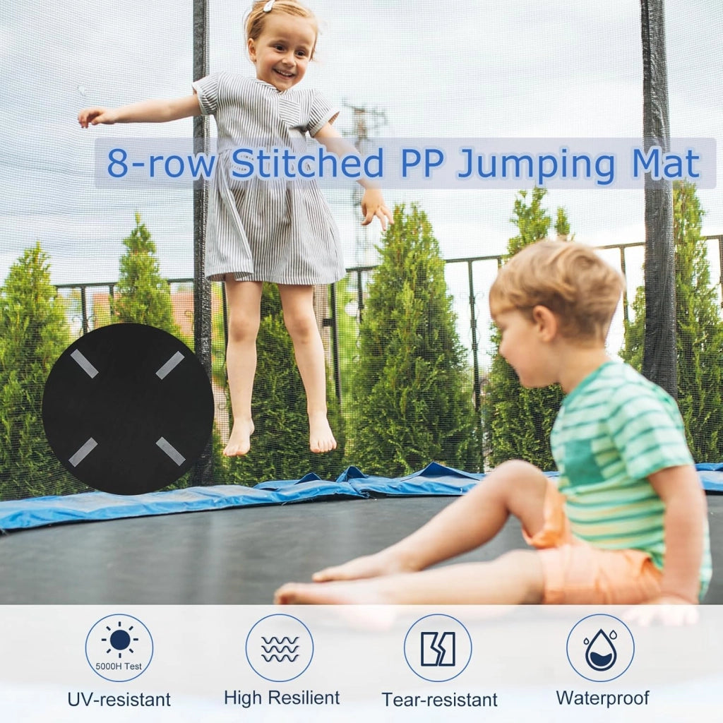 Trampolino da giardino rotondo con rete di sicurezza e copertura per bordi per bambini e adulti, blu + nero