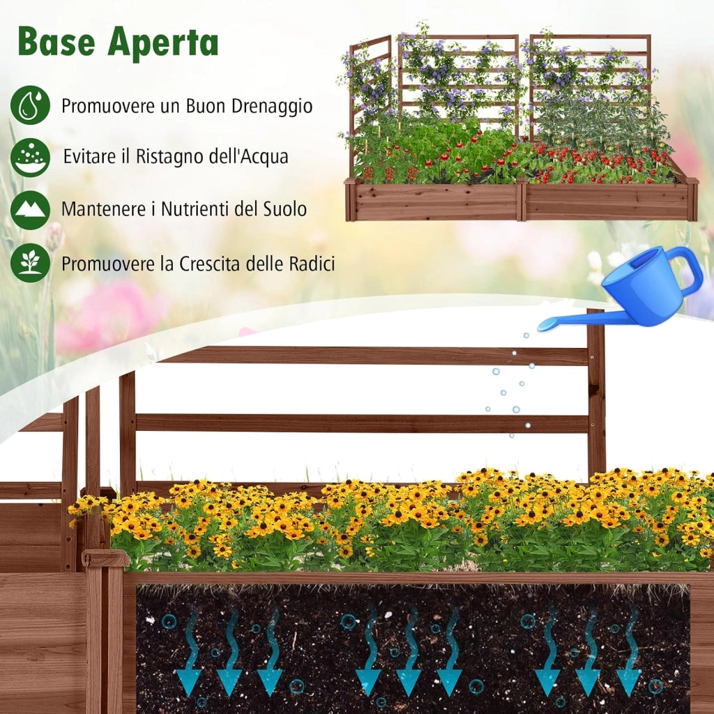 Letto Rialzato da Giardino con 2 Cassoni per Piantare e 3 Tralicci, Aiuola Rialzata da Giardino in Legno per Fiori, Erbe, Verdure, Frutta e Viti Rampicanti, 222 cm x 114 cm x 110 cm (Marrone)