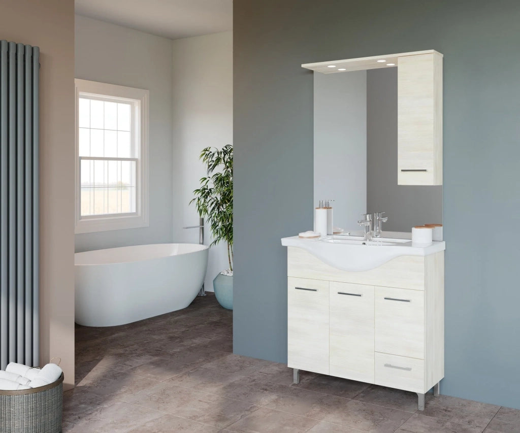 Composizione da bagno 3 ante da 85cm con cassetto , lavabo e specchiera con pensile e luci a led