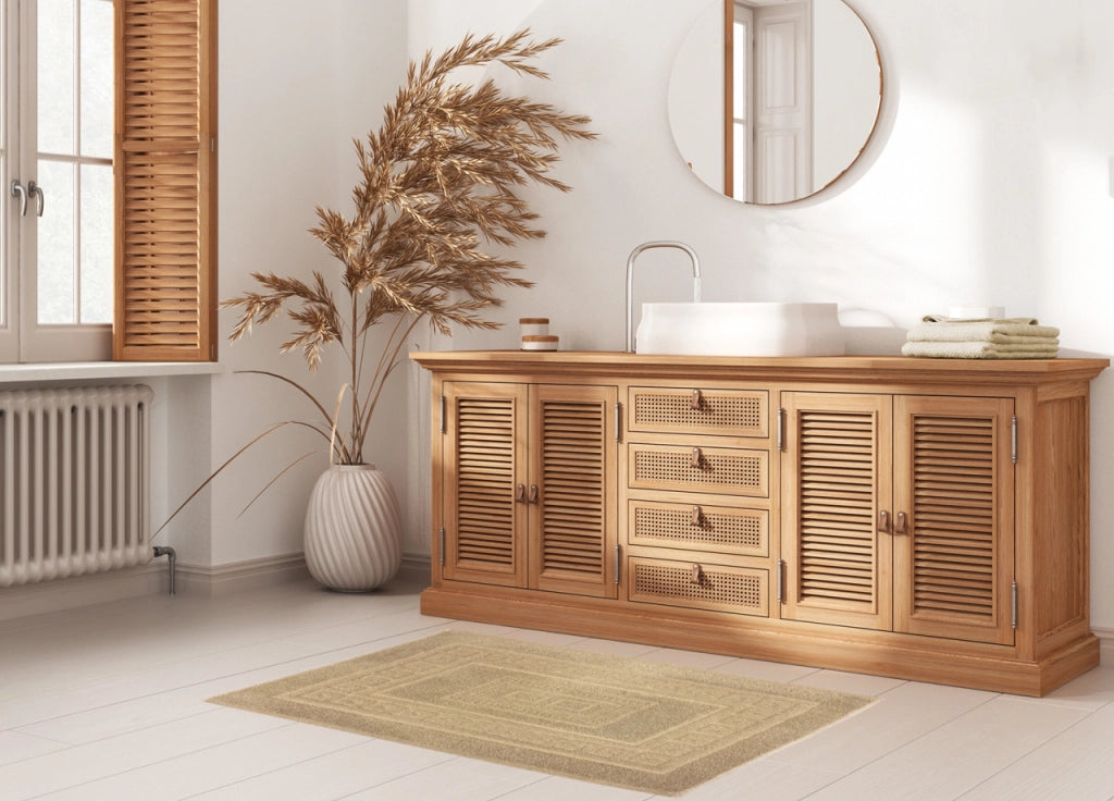 Tappeto Bagno Doccia Spugna Tinta Unita Torino Tappetino Super Assorbente In Cotone Pelo Corto Con Greca - Parure 3 Pezzi - Beige