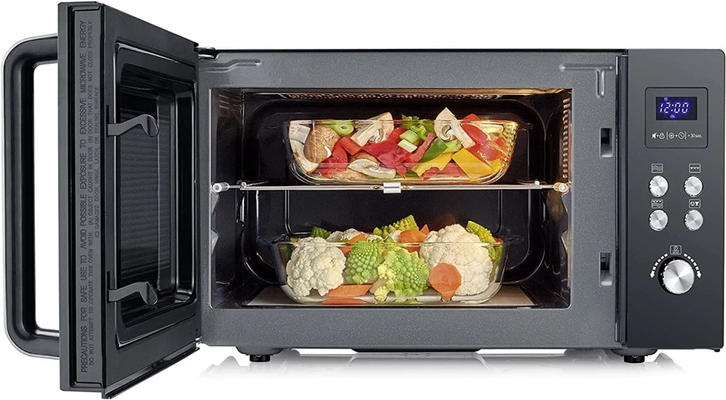 Severin mw7763 forno a microonde 2 in 1 con fondo in ceramica e grill, capacità 20 l, forno a microonde per scongelare e riscaldare, con grande superficie utile per stoviglie quadrate, nero/acciaio inox